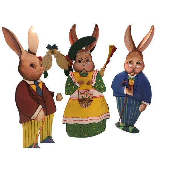 Vintage Dept 56 Rustic Trio Of Easter Bunny’s Metal Hand Painted Dressed In Best - Picture 1 of 10